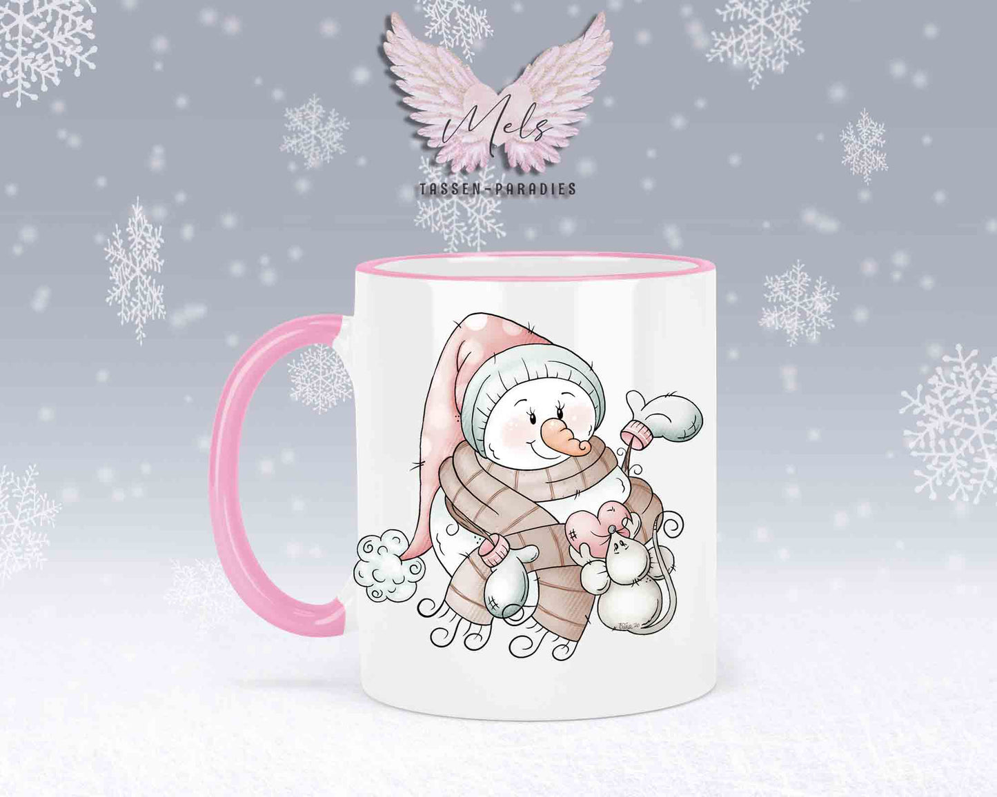 "Schneemann-Tasse mit Maus und Herz – mit oder ohne Wunschname"
