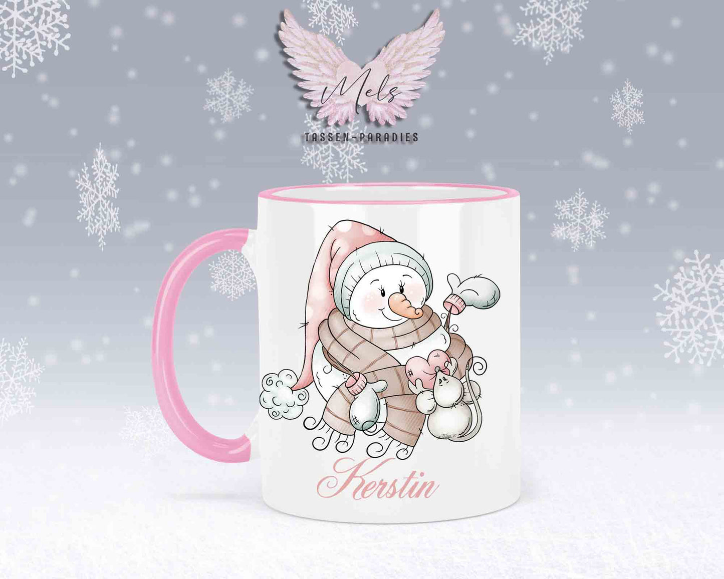 "Schneemann-Tasse mit Maus und Herz – mit oder ohne Wunschname"