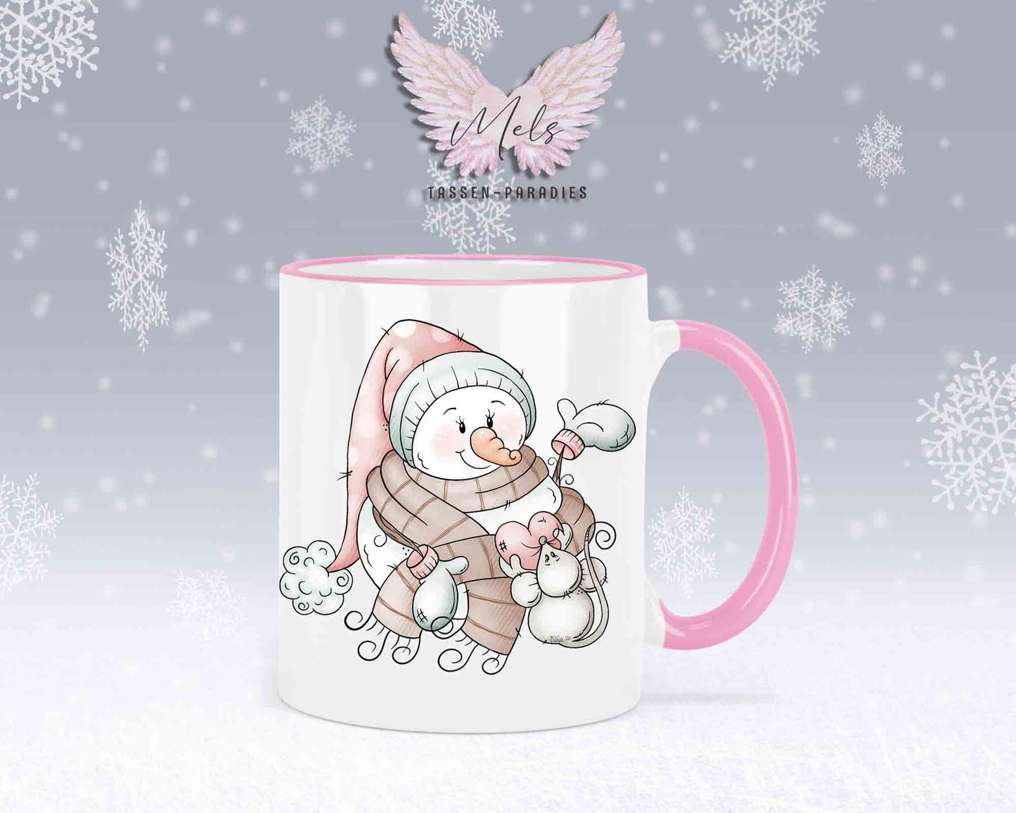 "Schneemann-Tasse mit Maus und Herz – mit oder ohne Wunschname"