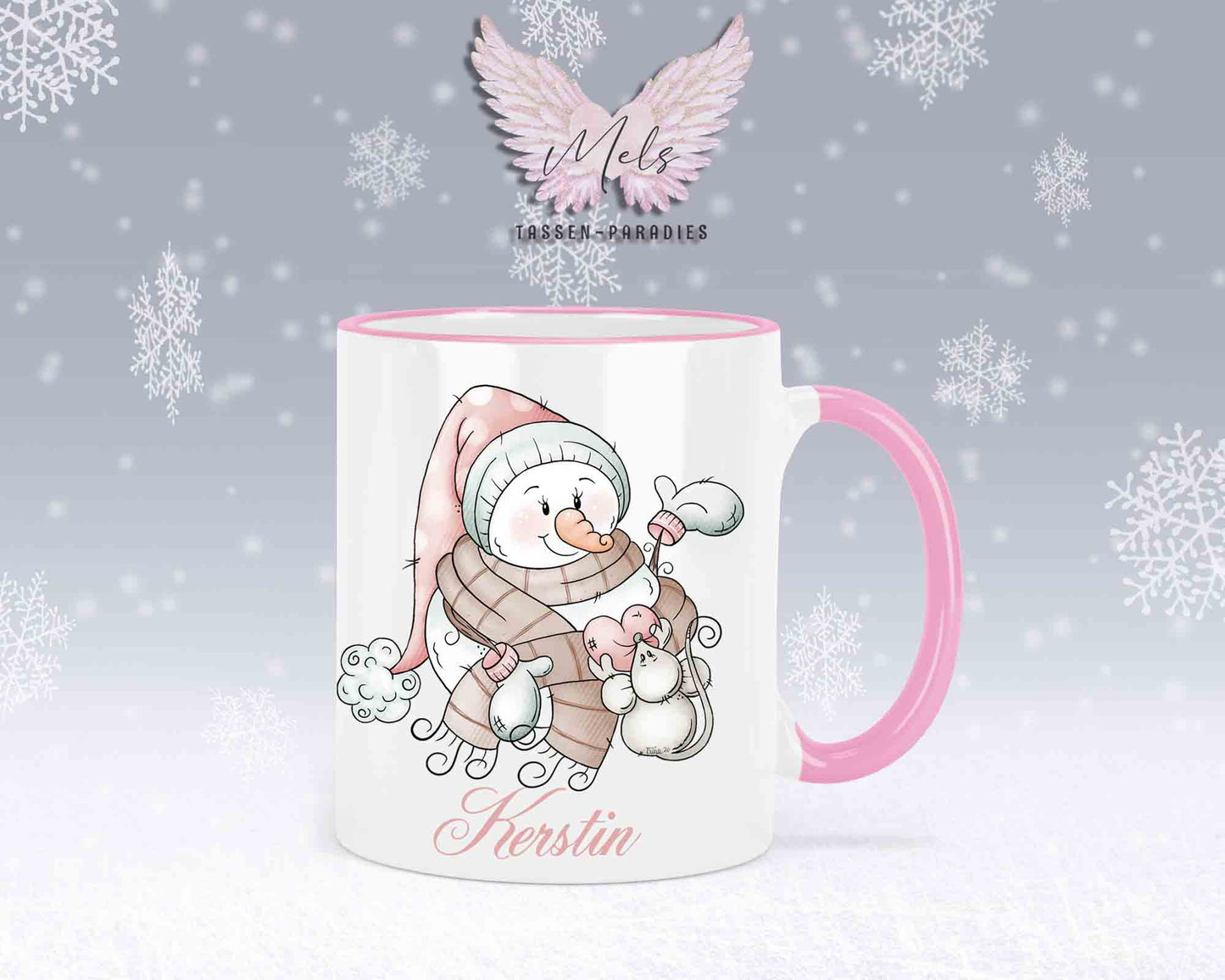 "Schneemann-Tasse mit Maus und Herz – mit oder ohne Wunschname"