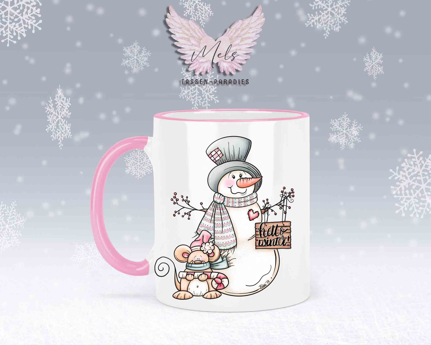 Tasse mit Schneemann und süßer Maus – mit oder ohne Wunschname