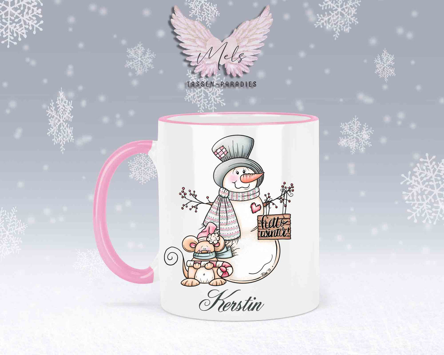 Tasse mit Schneemann und süßer Maus – mit oder ohne Wunschname