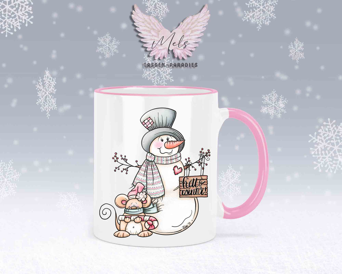 Tasse mit Schneemann und süßer Maus – mit oder ohne Wunschname