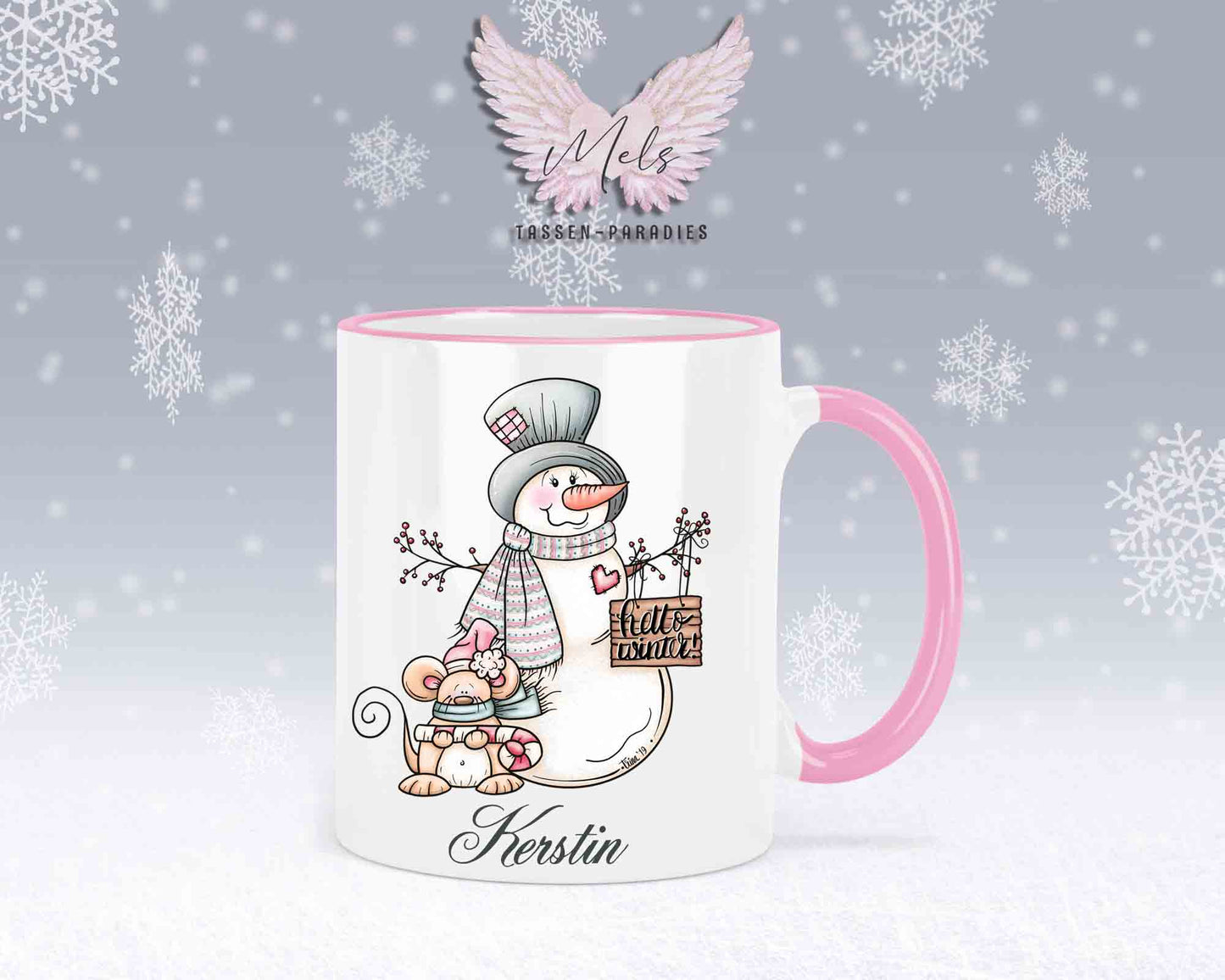 Tasse mit Schneemann und süßer Maus – mit oder ohne Wunschname