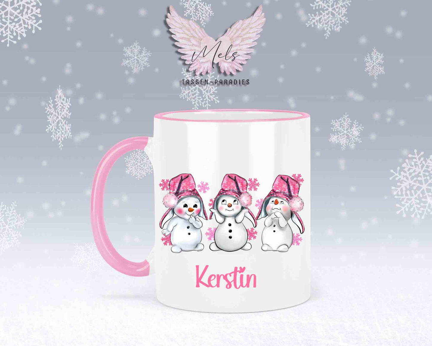 Tasse mit süßen Schneemänner mit rosa Mütze– mit oder ohne Wunschname