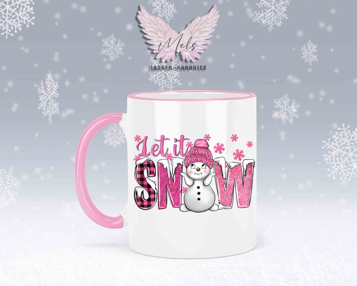 Tasse mit süßen Schneemann Lets Snow Rosa– mit oder ohne Wunschname
