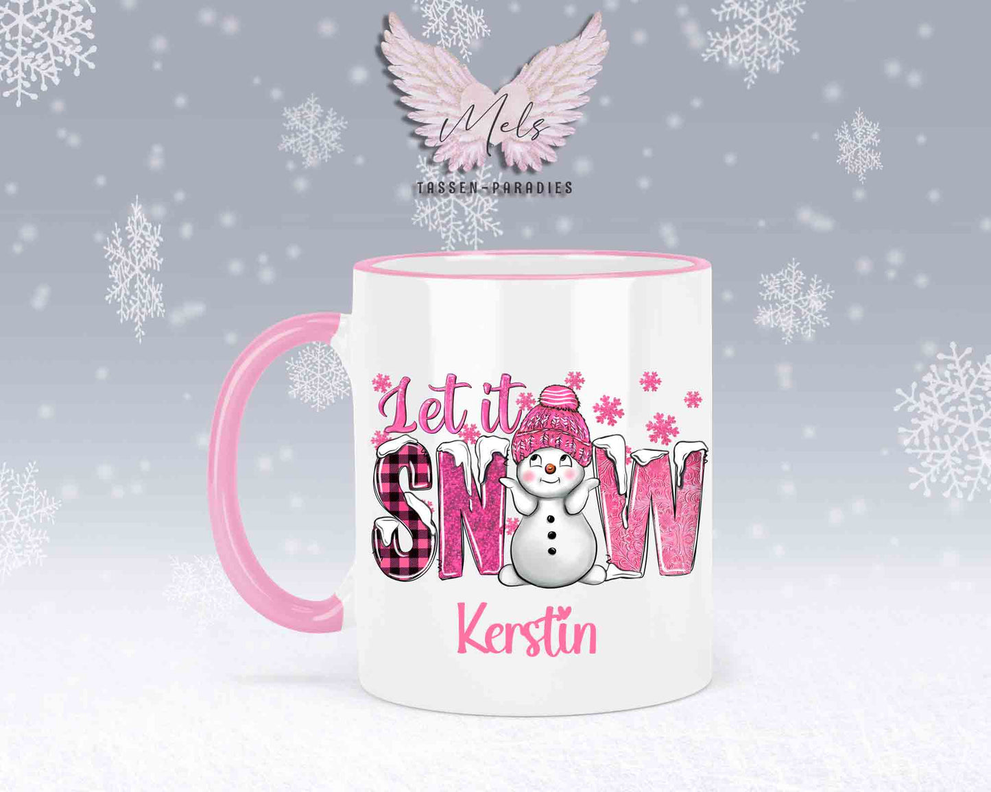 Tasse mit süßen Schneemann Lets Snow Rosa– mit oder ohne Wunschname