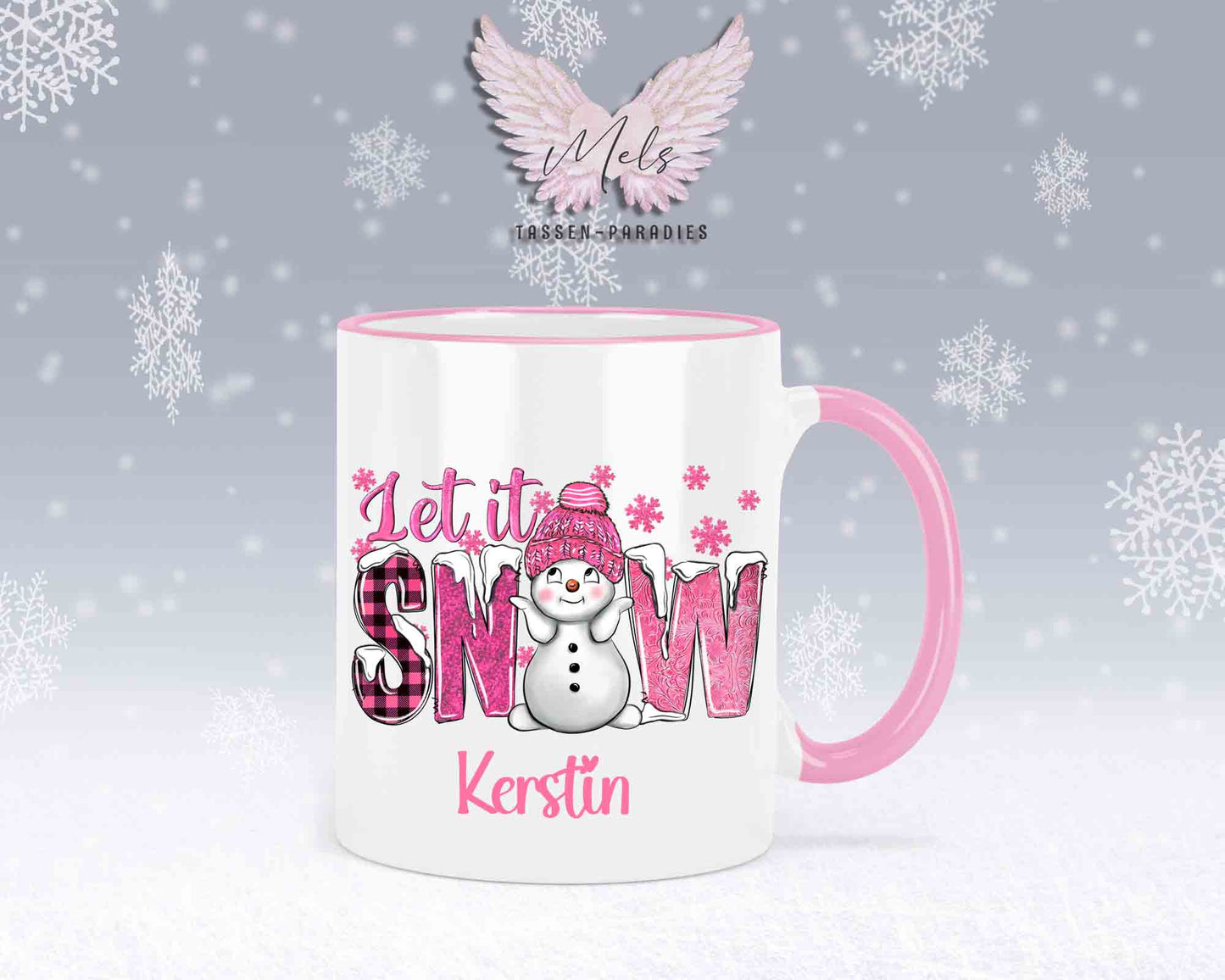 Tasse mit süßen Schneemann Lets Snow Rosa– mit oder ohne Wunschname