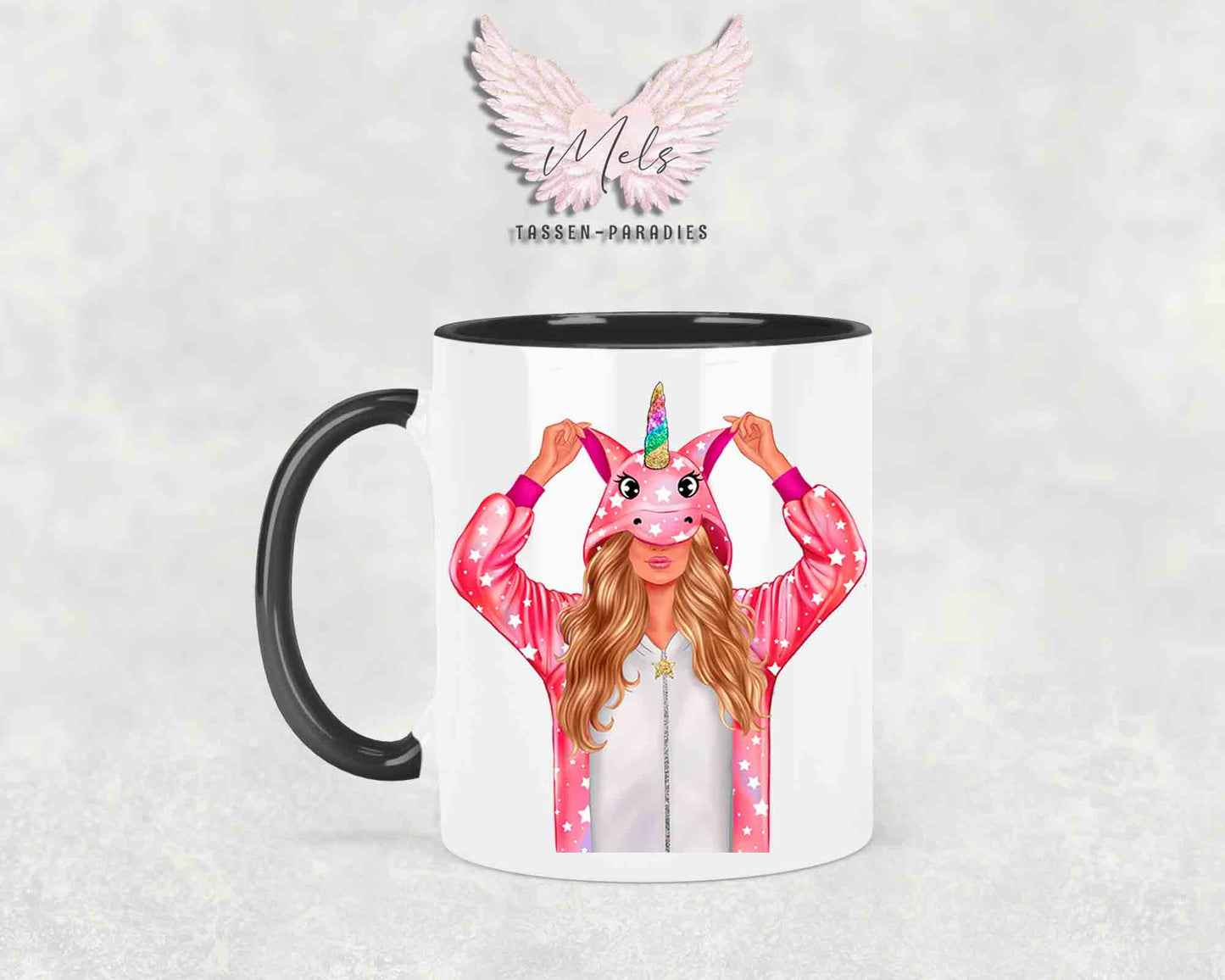Einhorn-Frau Blond - mit Auswahl Mantelfarbe - Personalisierte Tassen mit und ohne Name