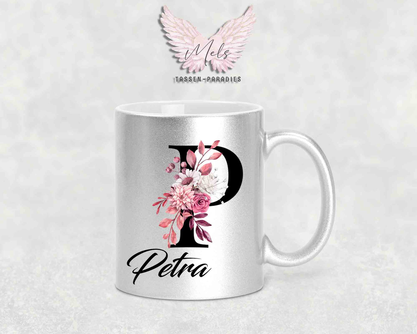 Alphabet mit Name - Personalisierte Keramik-Tasse Silber Met.