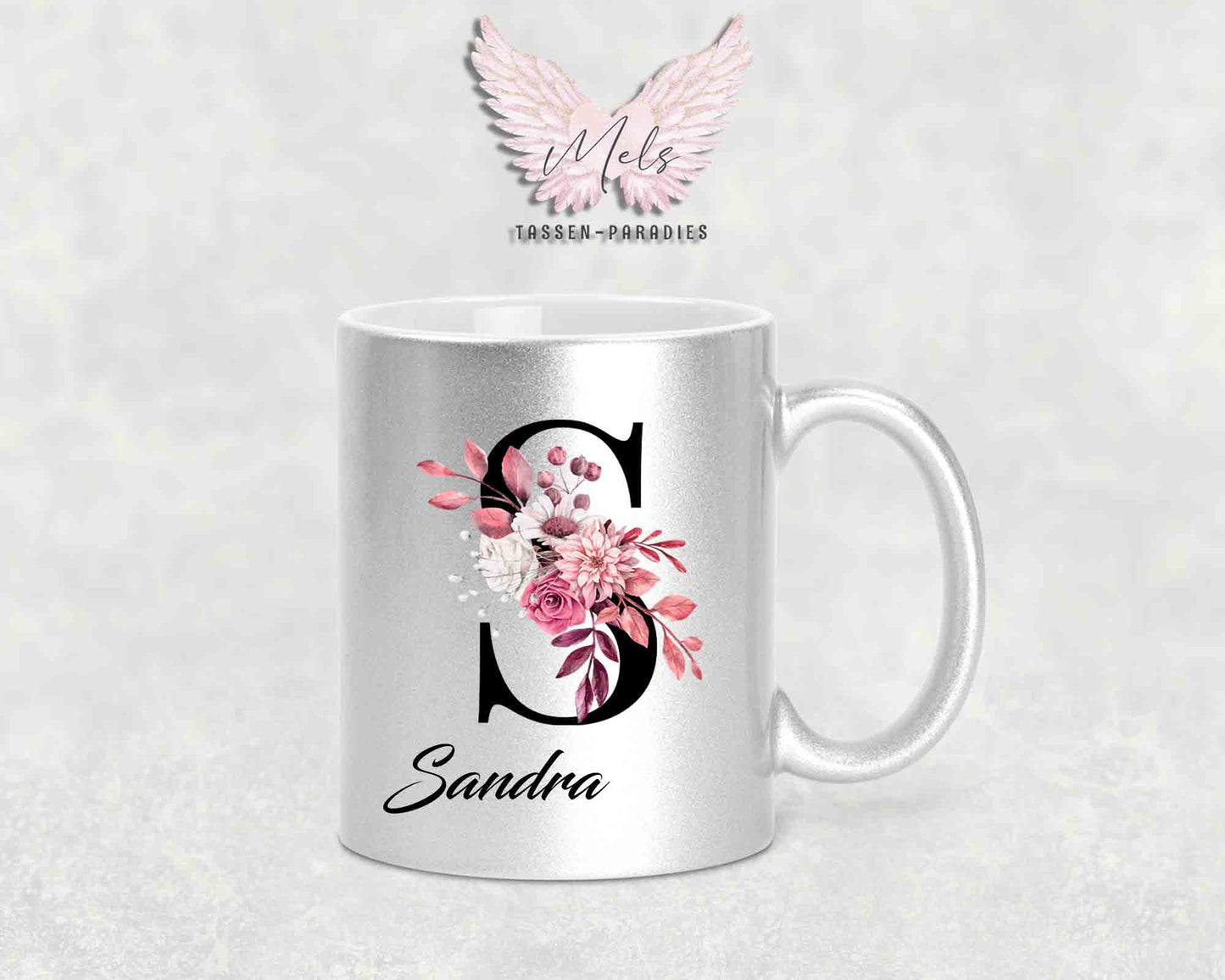 Alphabet mit Name - Personalisierte Keramik-Tasse Silber Met.