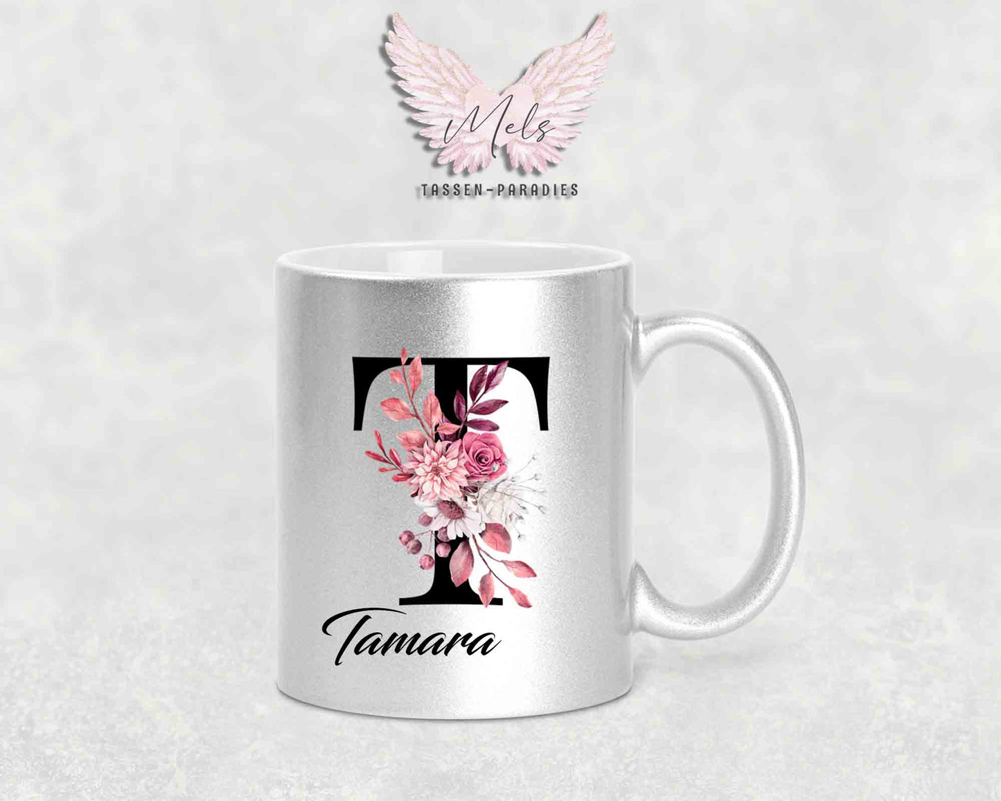 Alphabet mit Name - Personalisierte Keramik-Tasse Silber Met.