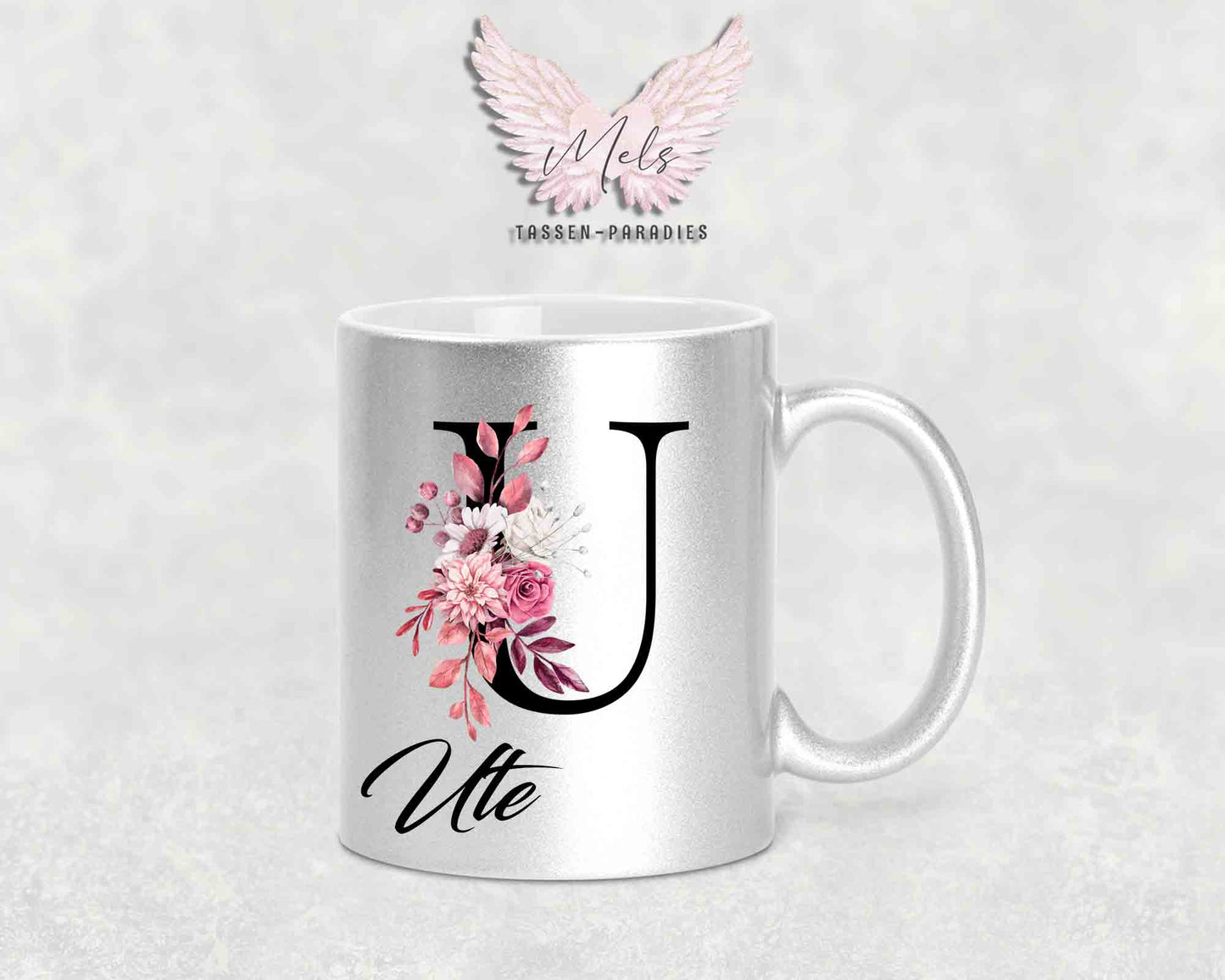 Alphabet mit Name - Personalisierte Keramik-Tasse Silber Met.
