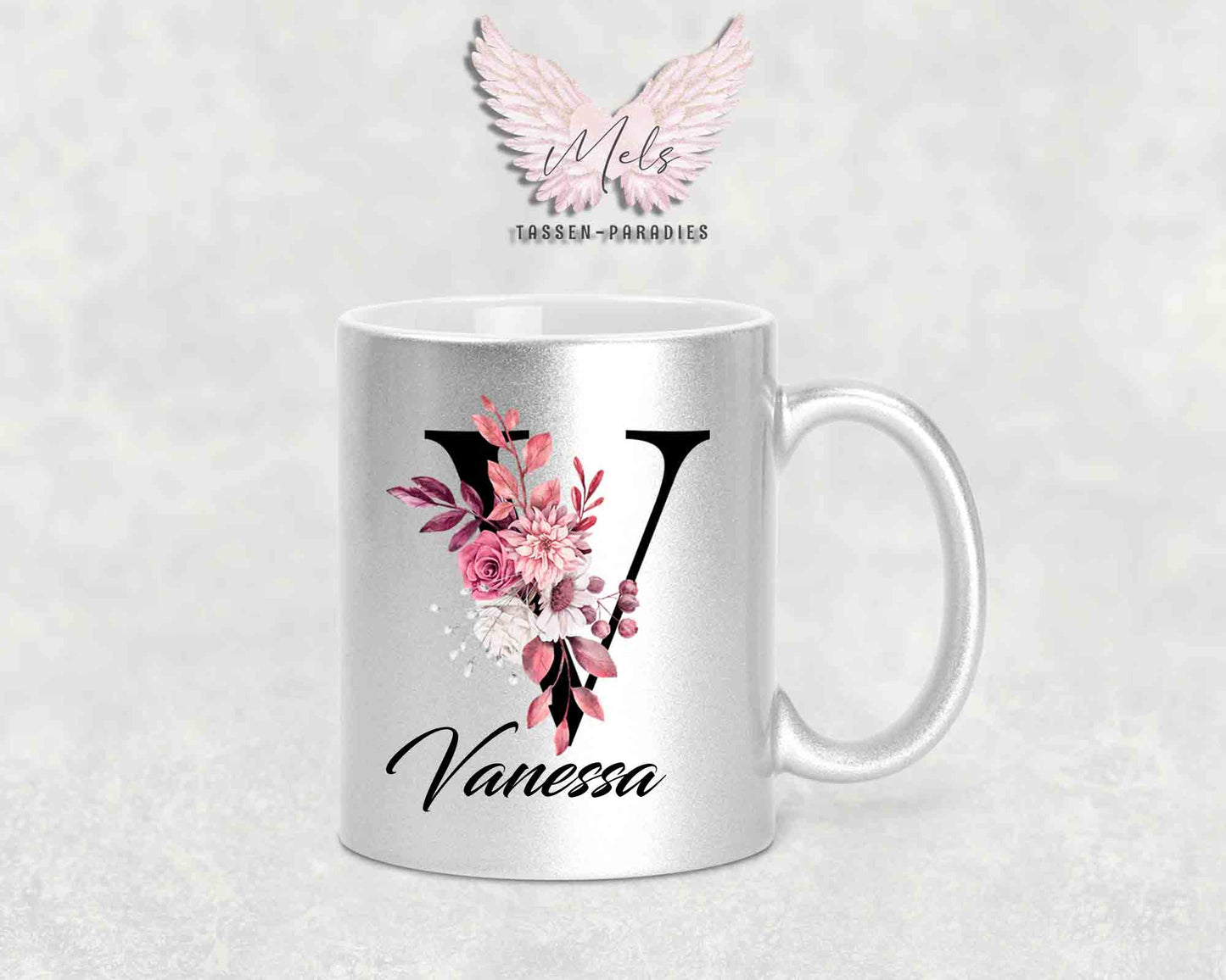 Alphabet mit Name - Personalisierte Keramik-Tasse Silber Met.