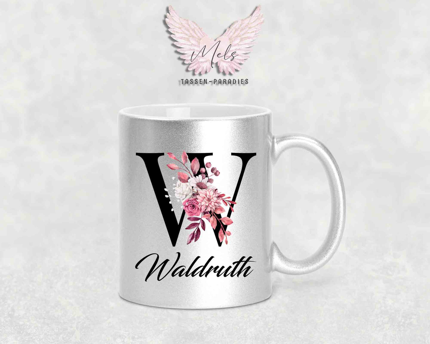 Alphabet mit Name - Personalisierte Keramik-Tasse Silber Met.