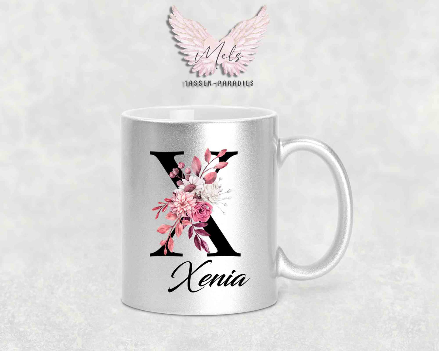 Alphabet mit Name - Personalisierte Keramik-Tasse Silber Met.