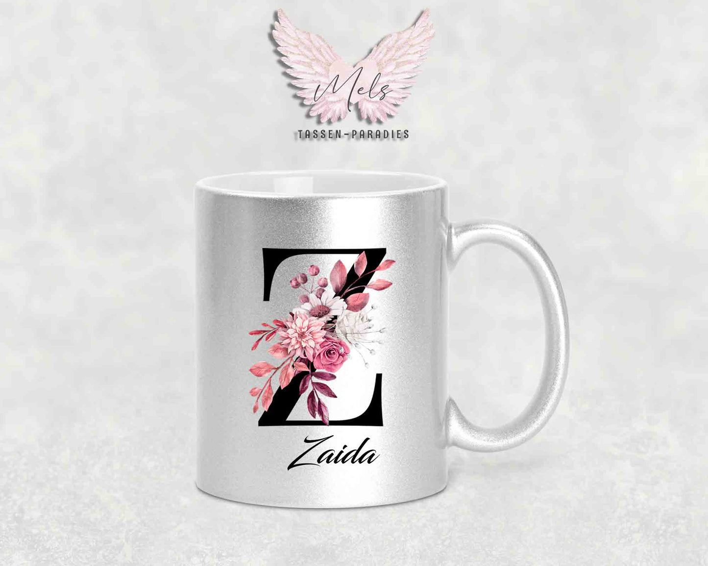 Alphabet mit Name - Personalisierte Keramik-Tasse Silber Met.