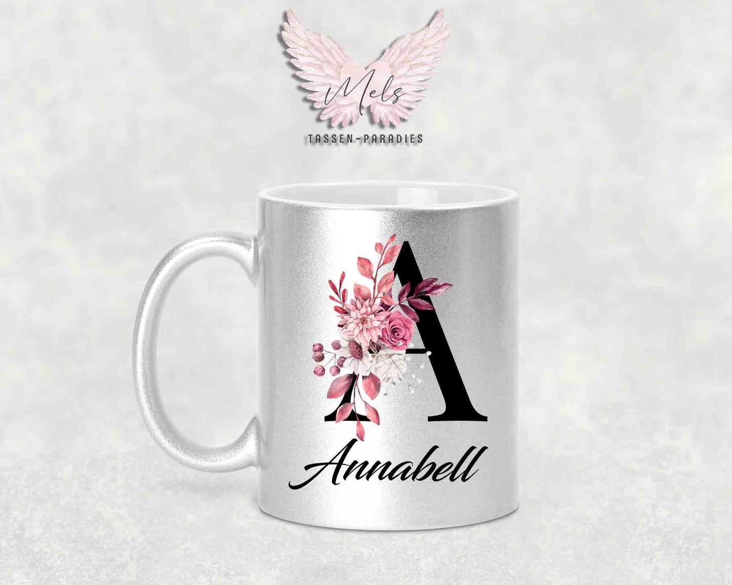 Alphabet mit Name - Personalisierte Keramik-Tasse Silber Met.