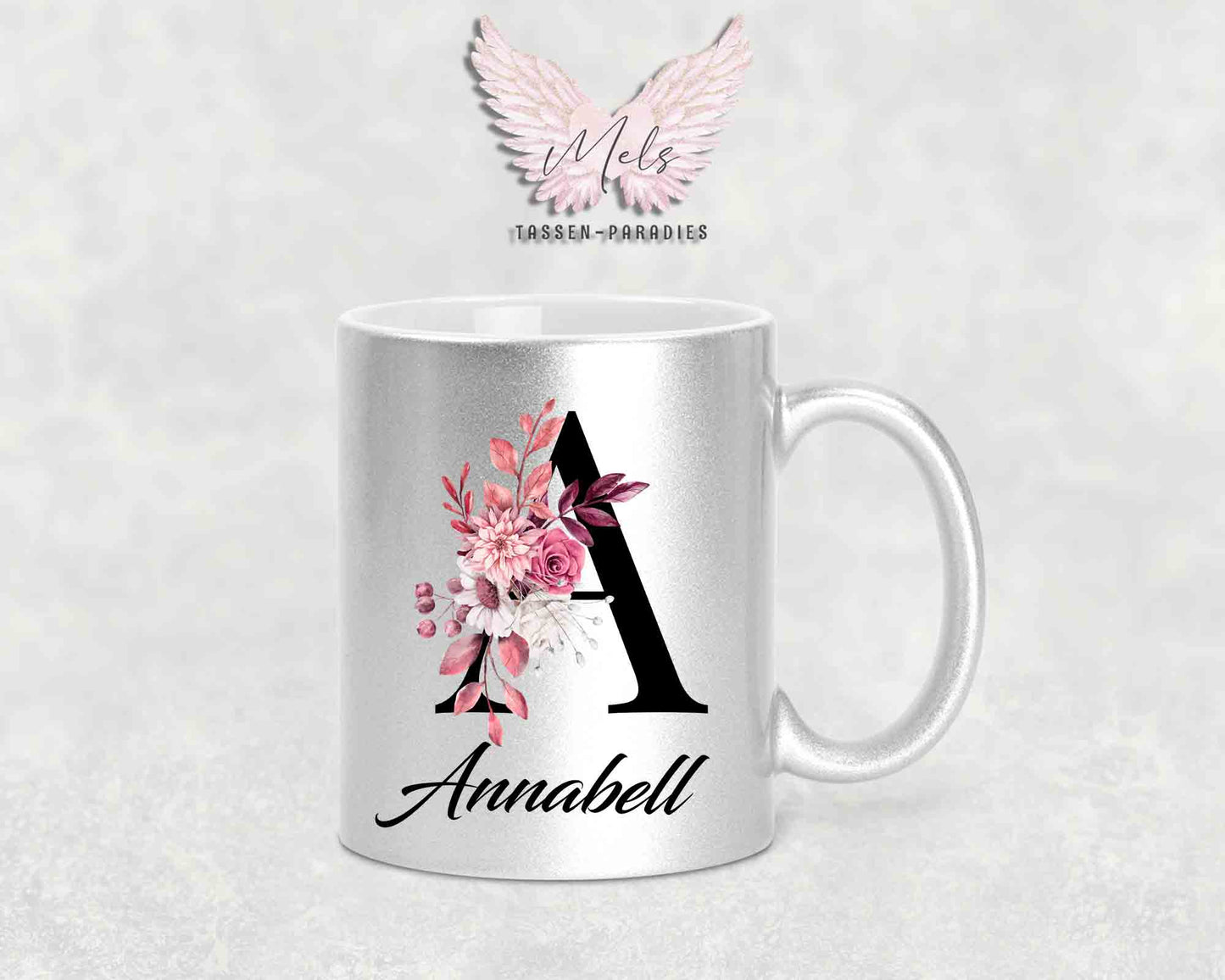 Alphabet mit Name - Personalisierte Keramik-Tasse Silber Met.