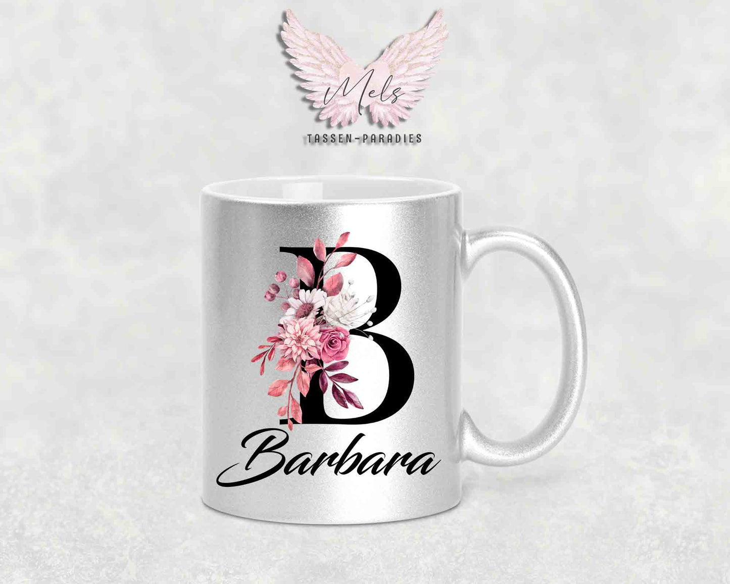 Alphabet mit Name - Personalisierte Keramik-Tasse Silber Met.