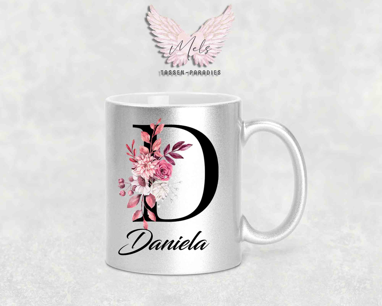 Alphabet mit Name - Personalisierte Keramik-Tasse Silber Met.