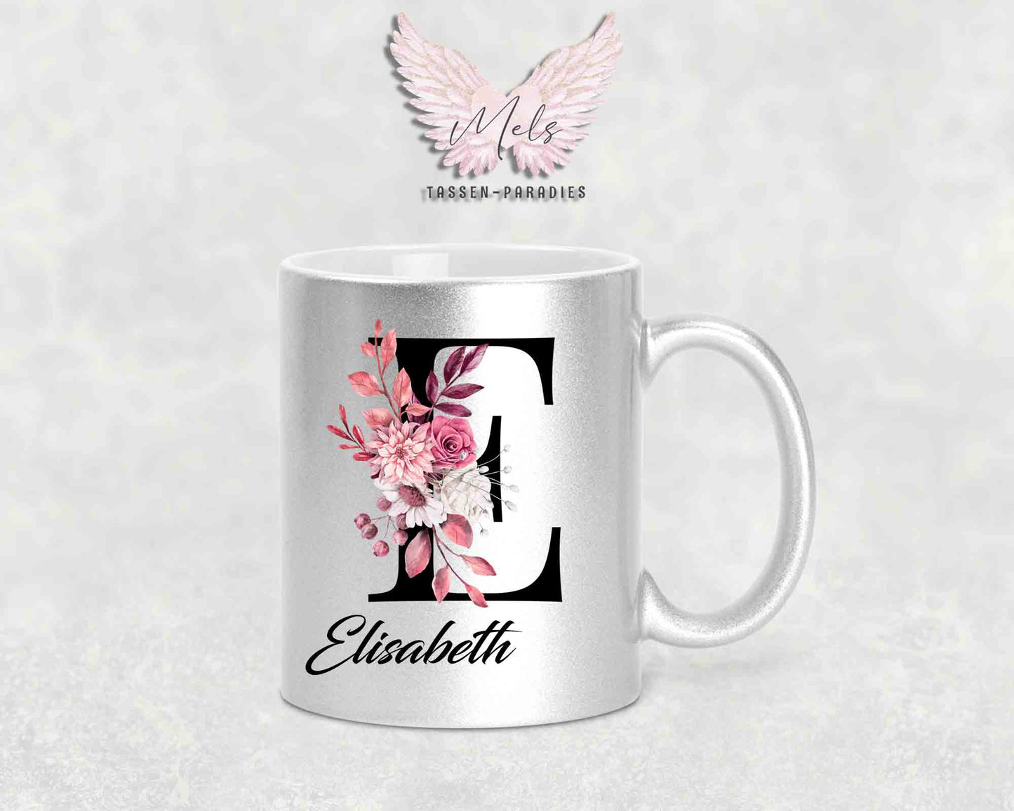 Alphabet mit Name - Personalisierte Keramik-Tasse Silber Met.