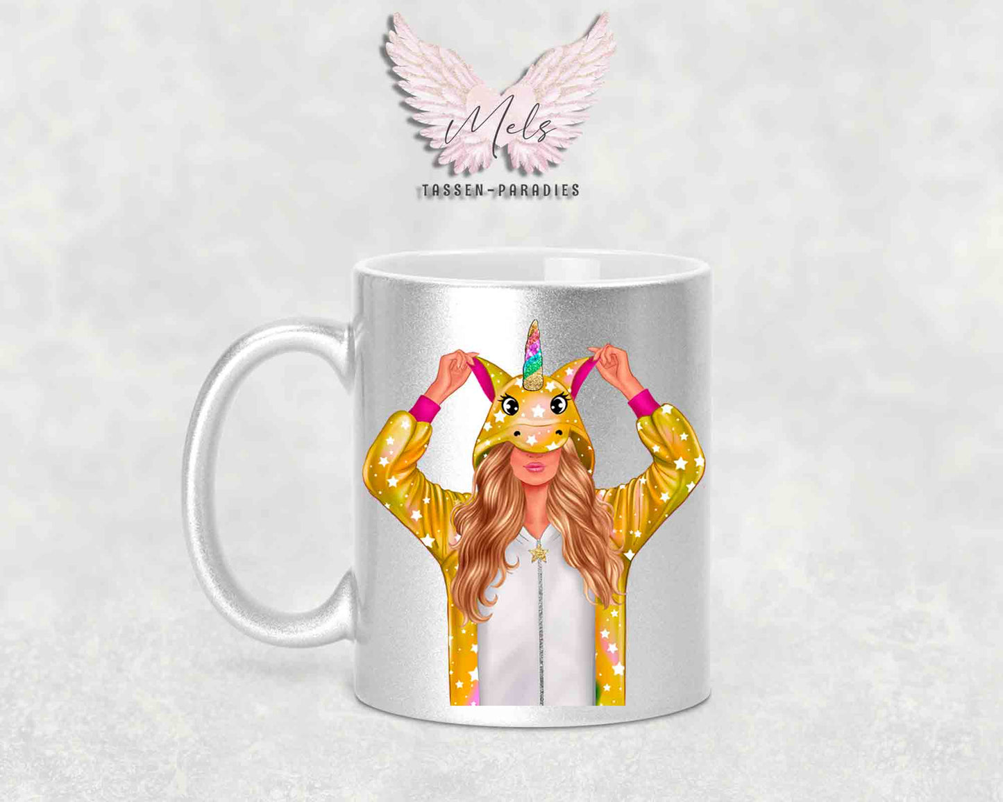 Einhorn-Frau Blond - mit Auswahl Mantelfarbe - Personalisierte Tassen mit und ohne Name