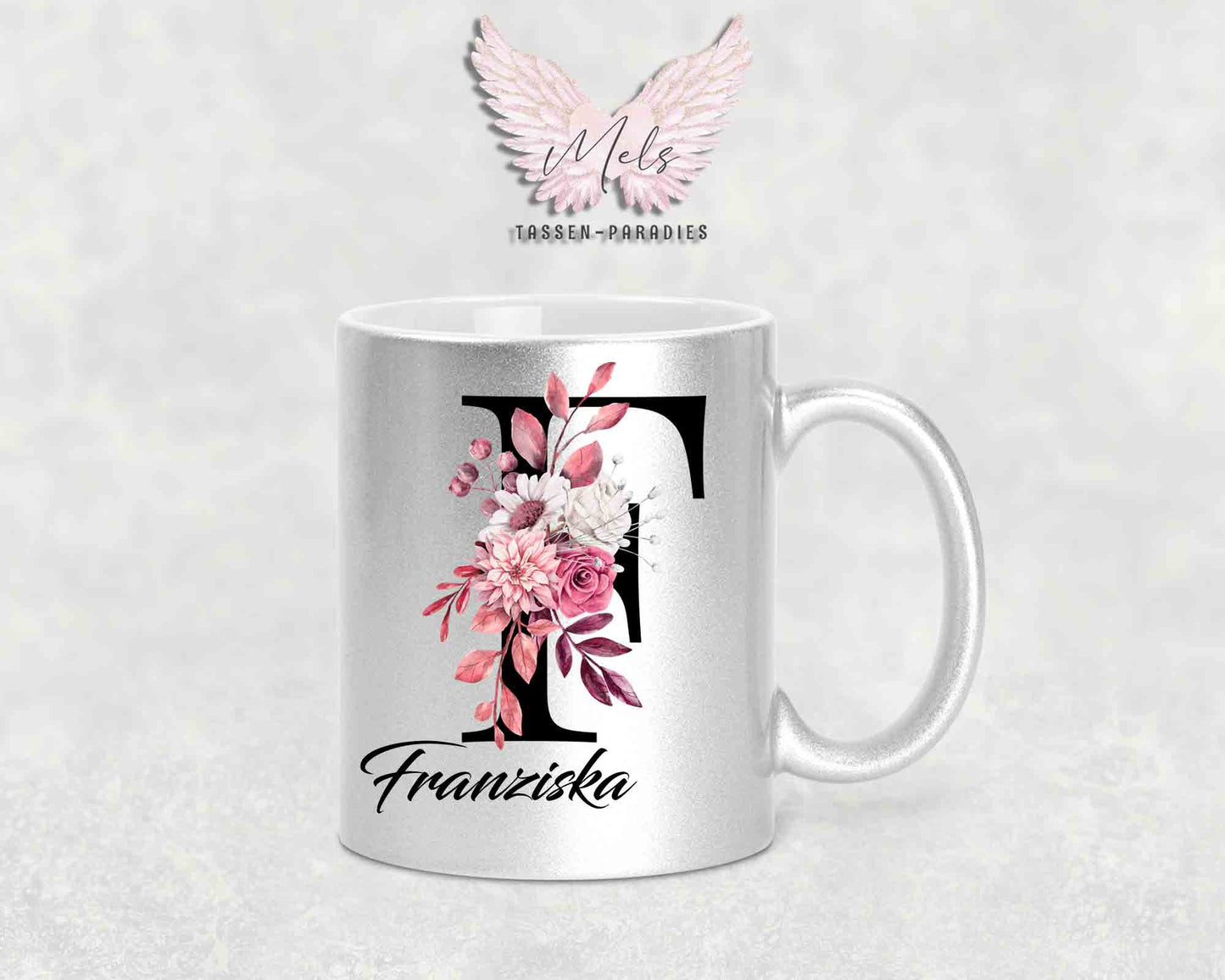 Alphabet mit Name - Personalisierte Keramik-Tasse Silber Met.