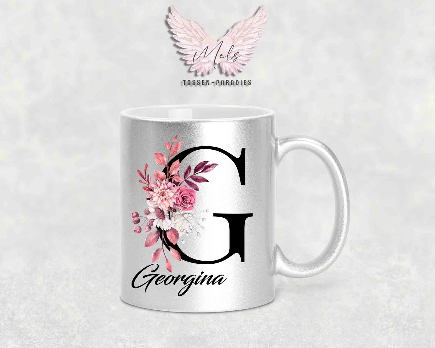 Alphabet mit Name - Personalisierte Keramik-Tasse Silber Met.