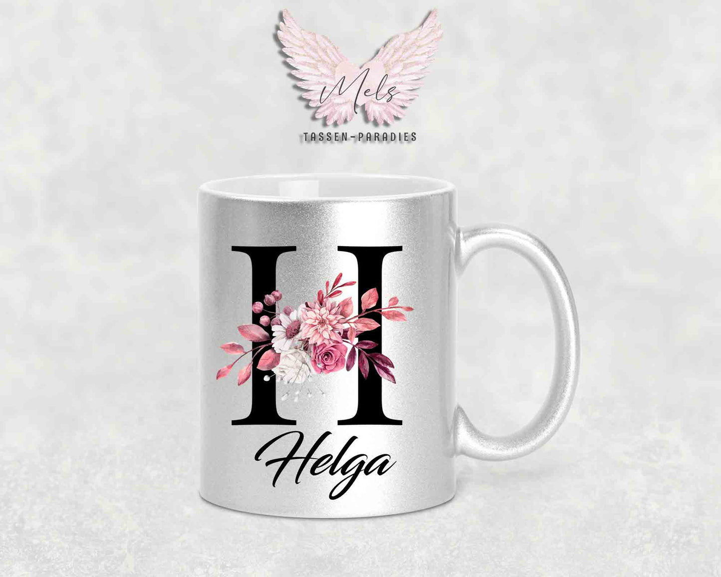 Alphabet mit Name - Personalisierte Keramik-Tasse Silber Met.