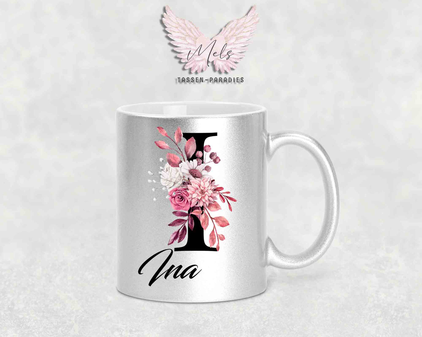 Alphabet mit Name - Personalisierte Keramik-Tasse Silber Met.