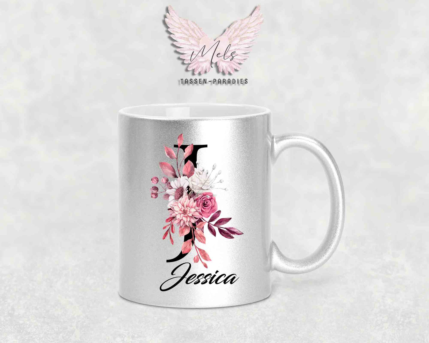 Alphabet mit Name - Personalisierte Keramik-Tasse Silber Met.