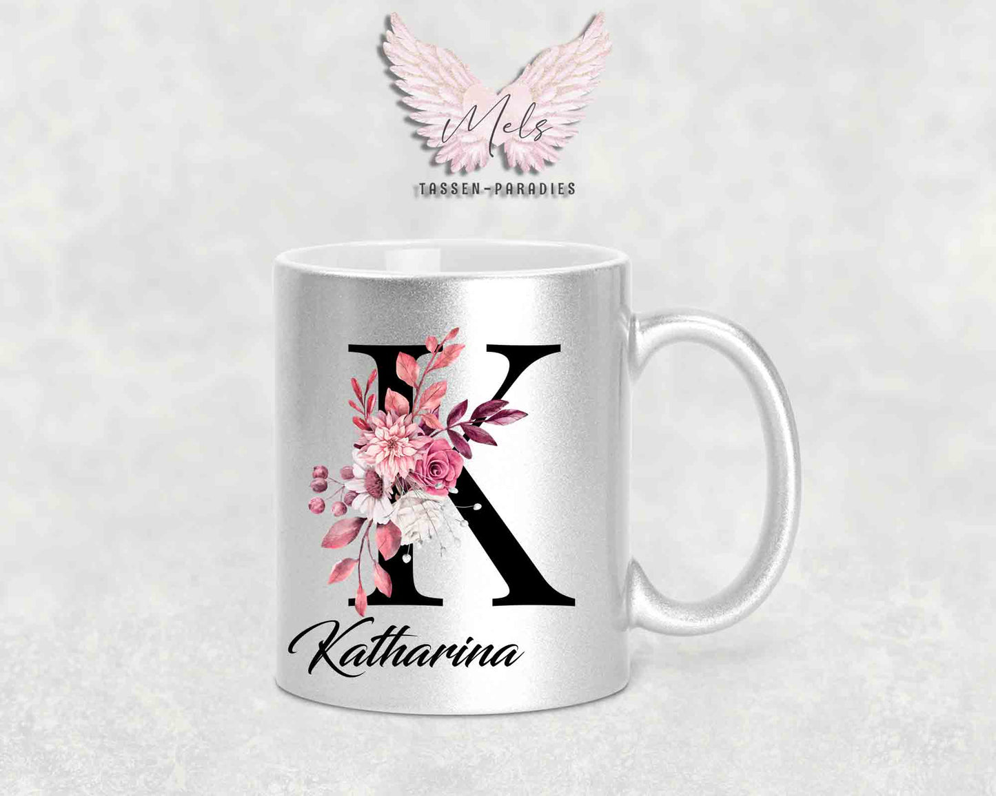 Alphabet mit Name - Personalisierte Keramik-Tasse Silber Met.
