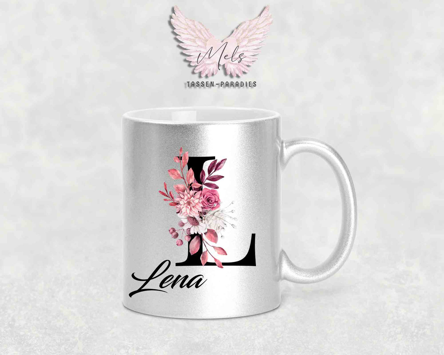 Alphabet mit Name - Personalisierte Keramik-Tasse Silber Met.