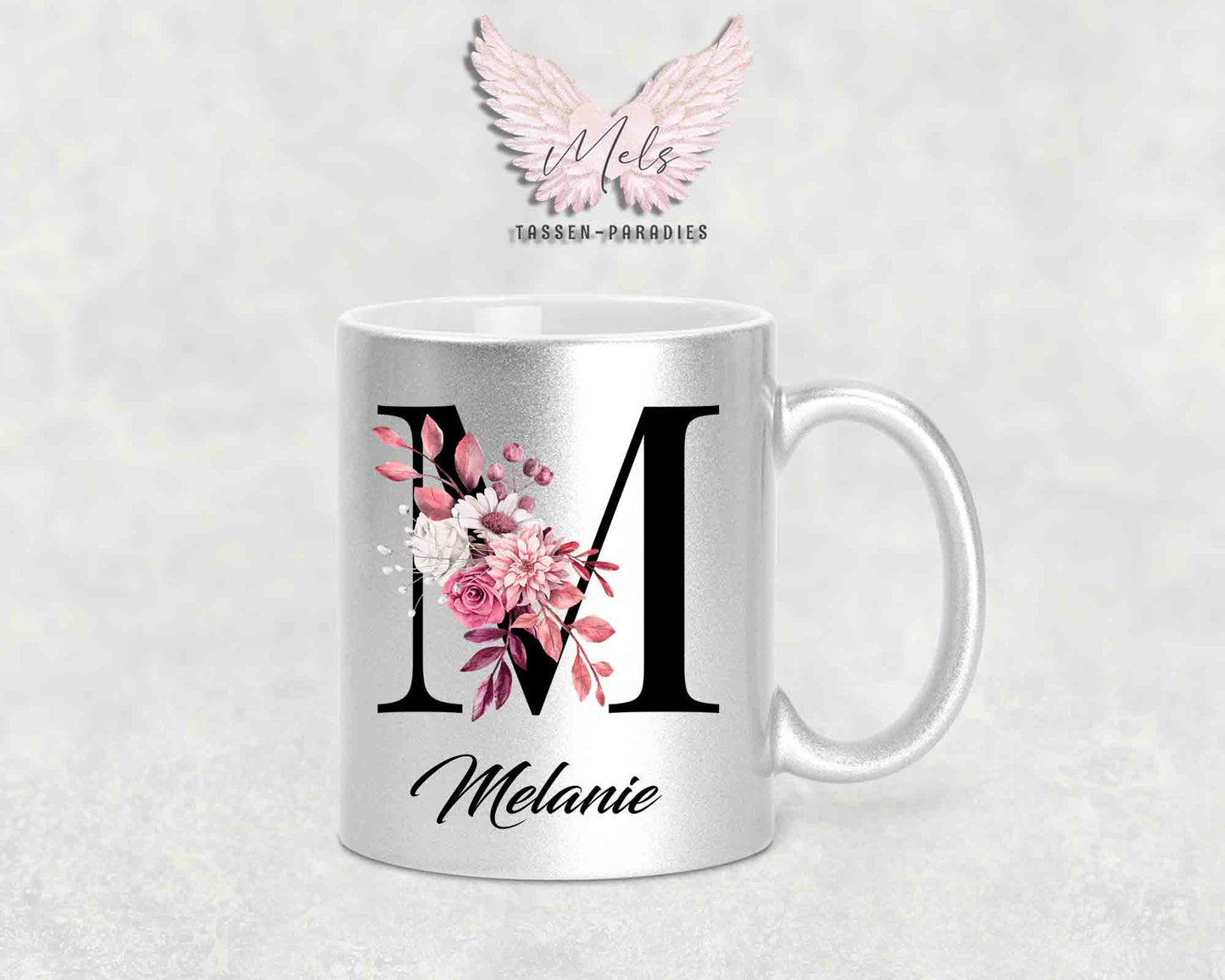 Alphabet mit Name - Personalisierte Keramik-Tasse Silber Met.