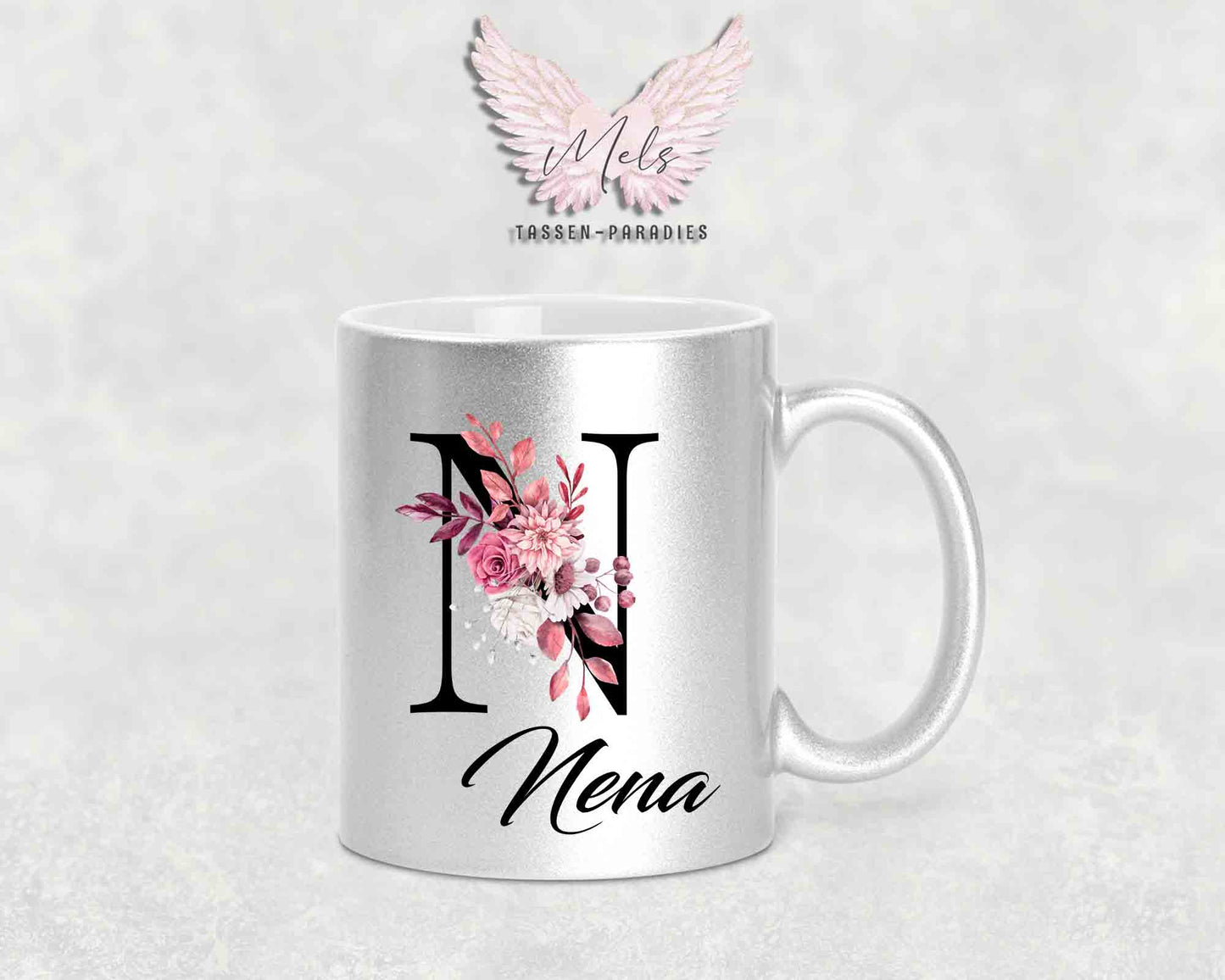 Alphabet mit Name - Personalisierte Keramik-Tasse Silber Met.