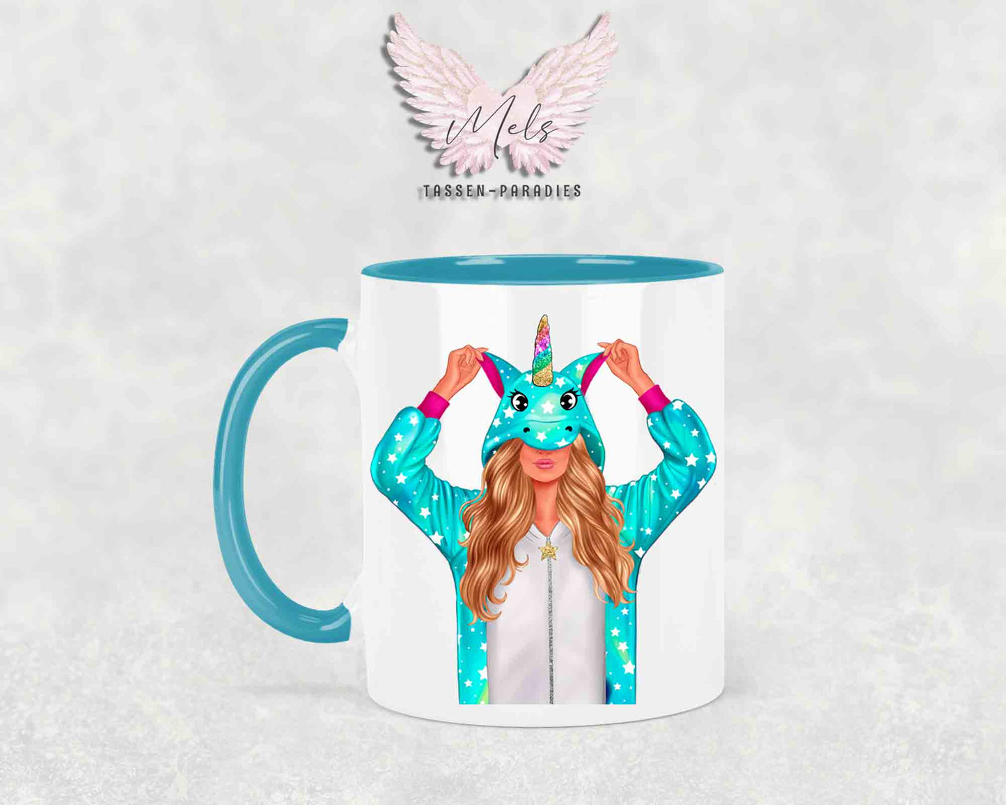 Einhorn-Frau Blond - mit Auswahl Mantelfarbe - Personalisierte Tassen mit und ohne Name