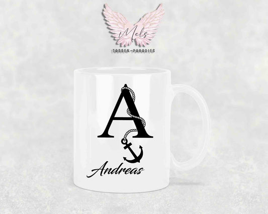 Anker-Alphabet mit Name - Personalisierte Keramik-Tasse Weiß