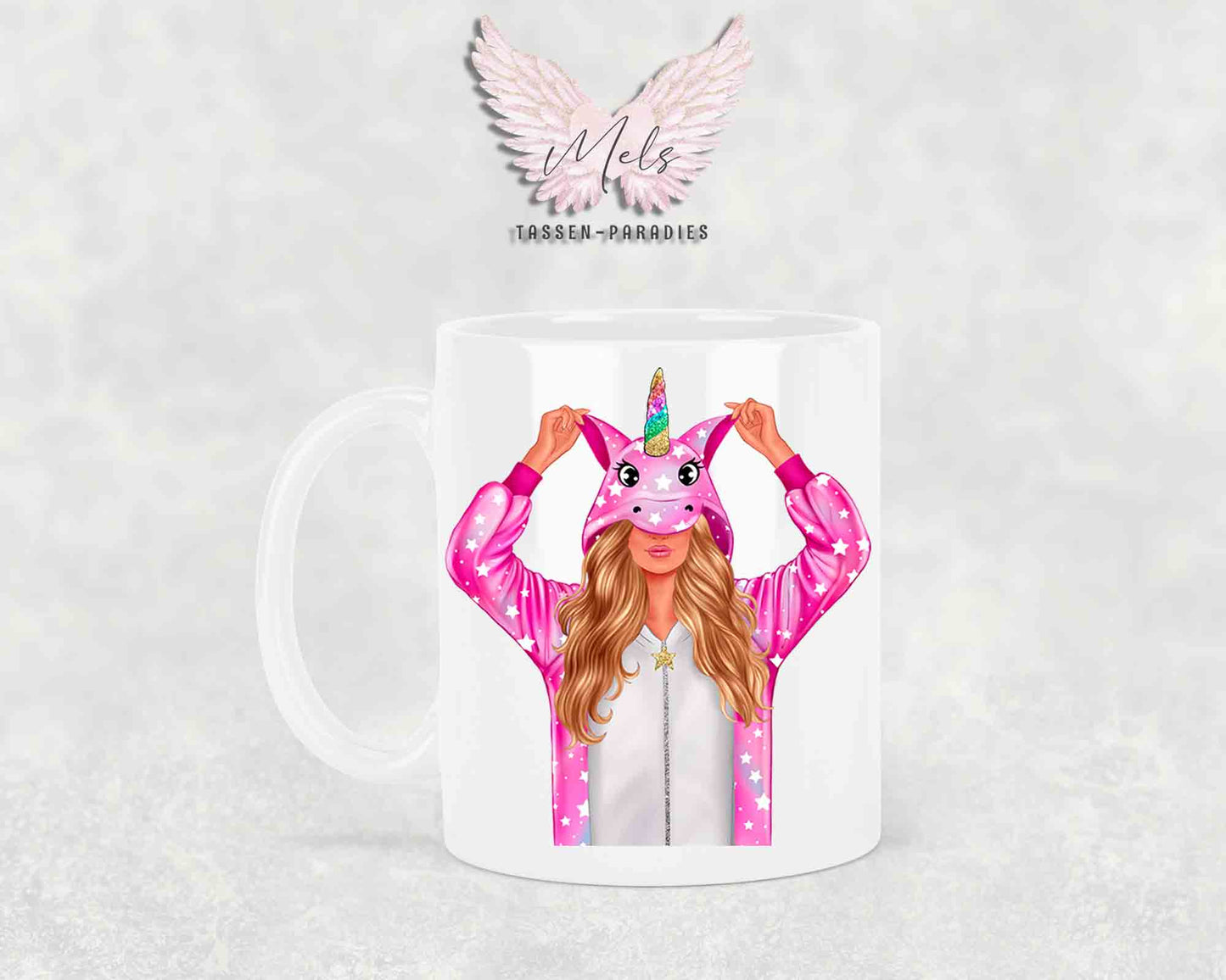 Einhorn-Frau Blond - mit Auswahl Mantelfarbe - Personalisierte Tassen mit und ohne Name