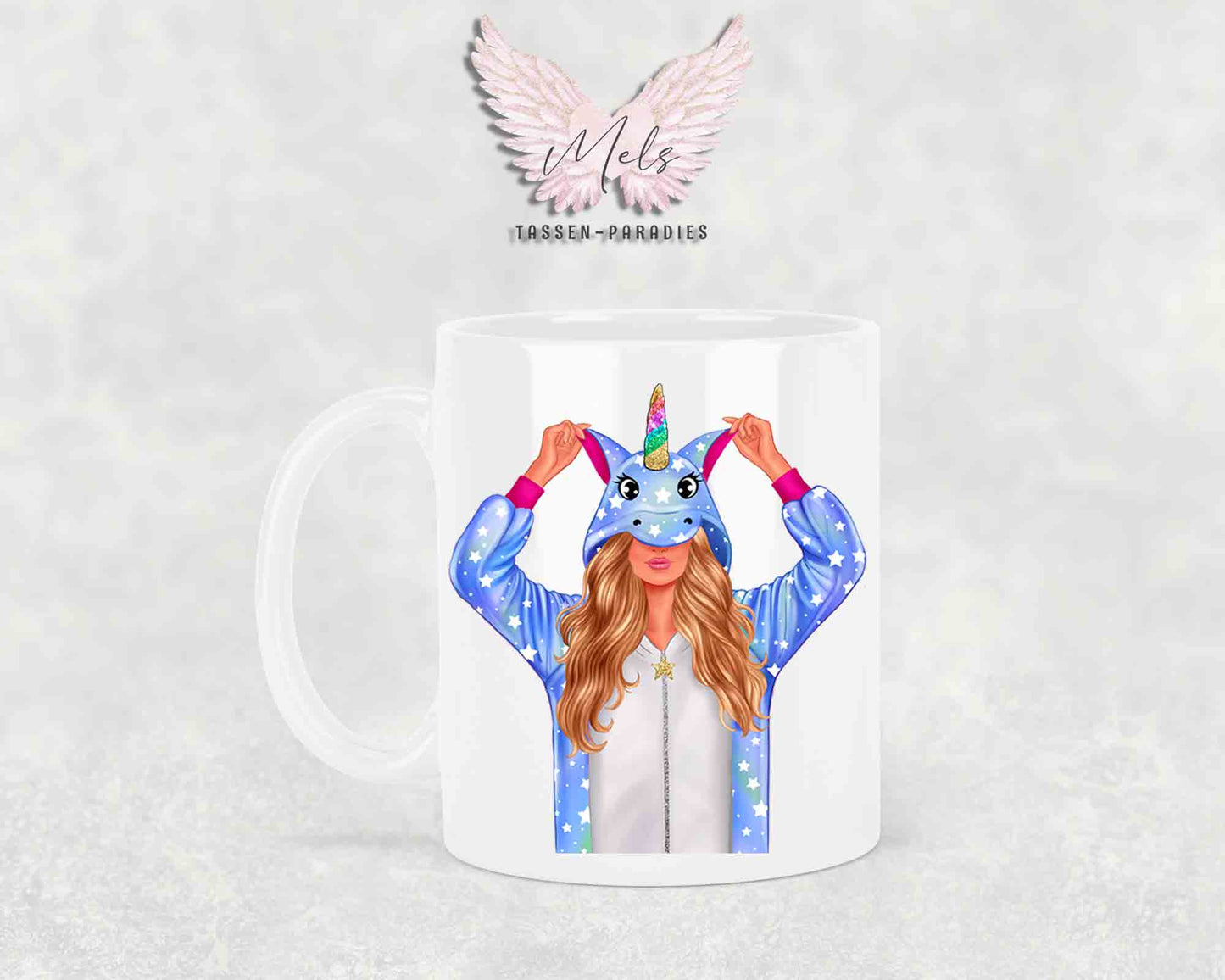 Einhorn-Frau Blond - mit Auswahl Mantelfarbe - Personalisierte Tassen mit und ohne Name