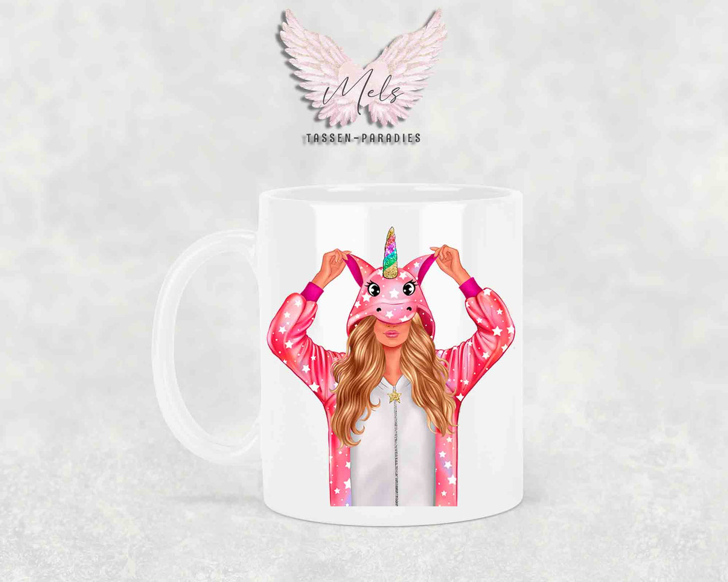 Einhorn-Frau Blond - mit Auswahl Mantelfarbe - Personalisierte Tassen mit und ohne Name