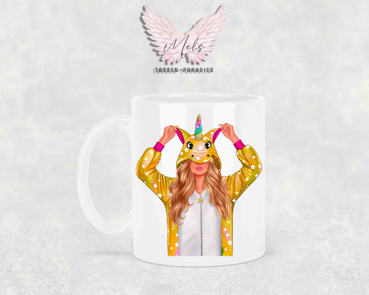 Einhorn-Frau Blond - mit Auswahl Mantelfarbe - Personalisierte Tassen mit und ohne Name