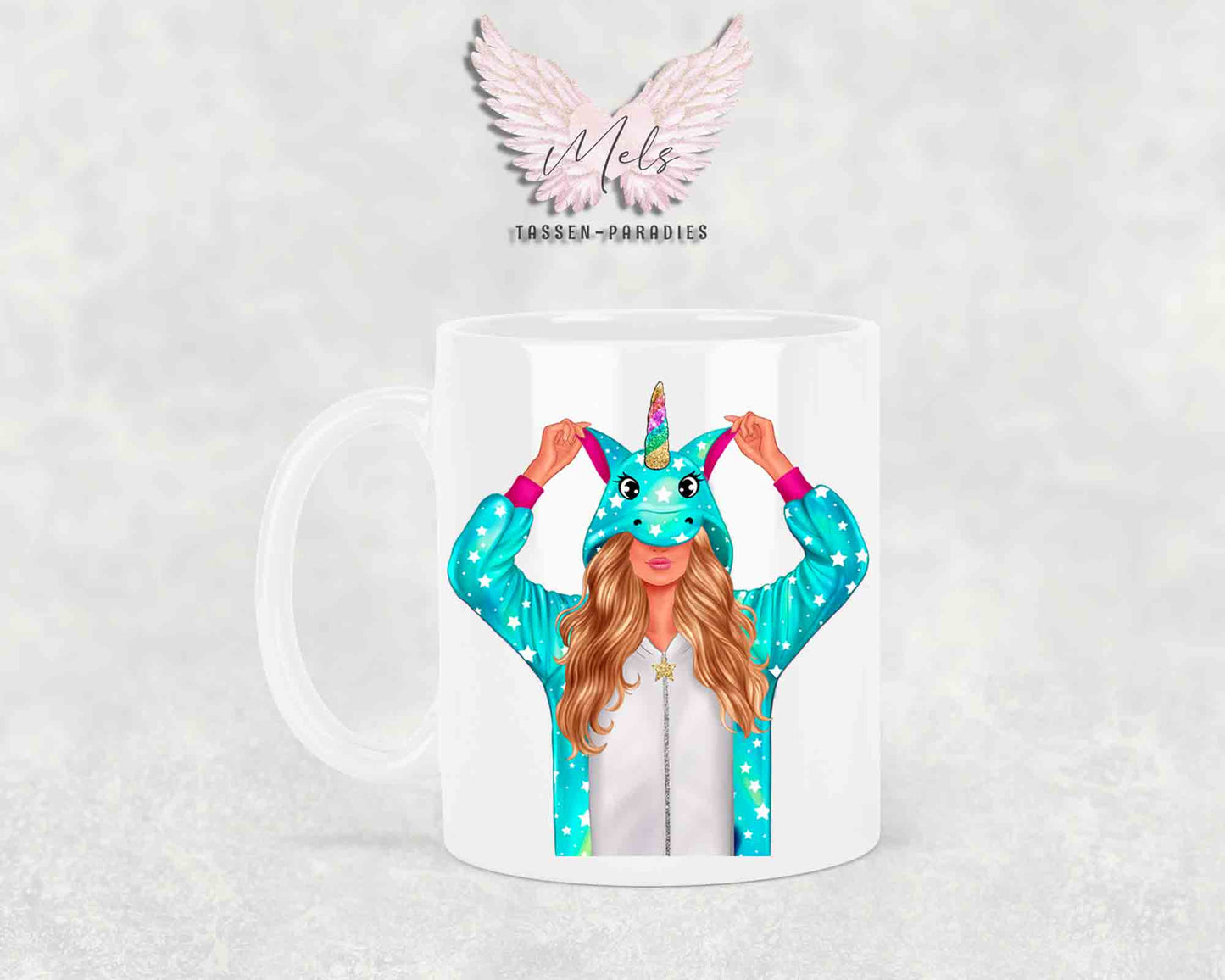 Einhorn-Frau Blond - mit Auswahl Mantelfarbe - Personalisierte Tassen mit und ohne Name