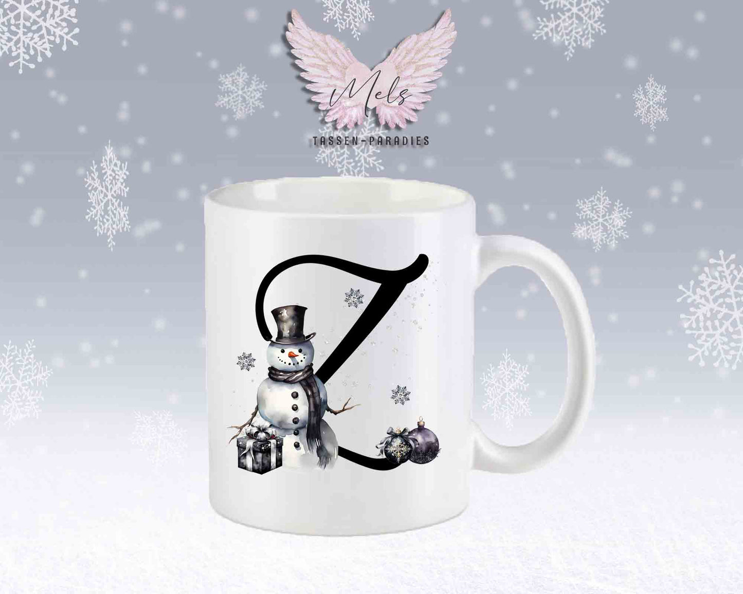 Schneemann Black-Alphabet mit Name - Personalisierte Keramik-Tasse Weiß-Matt