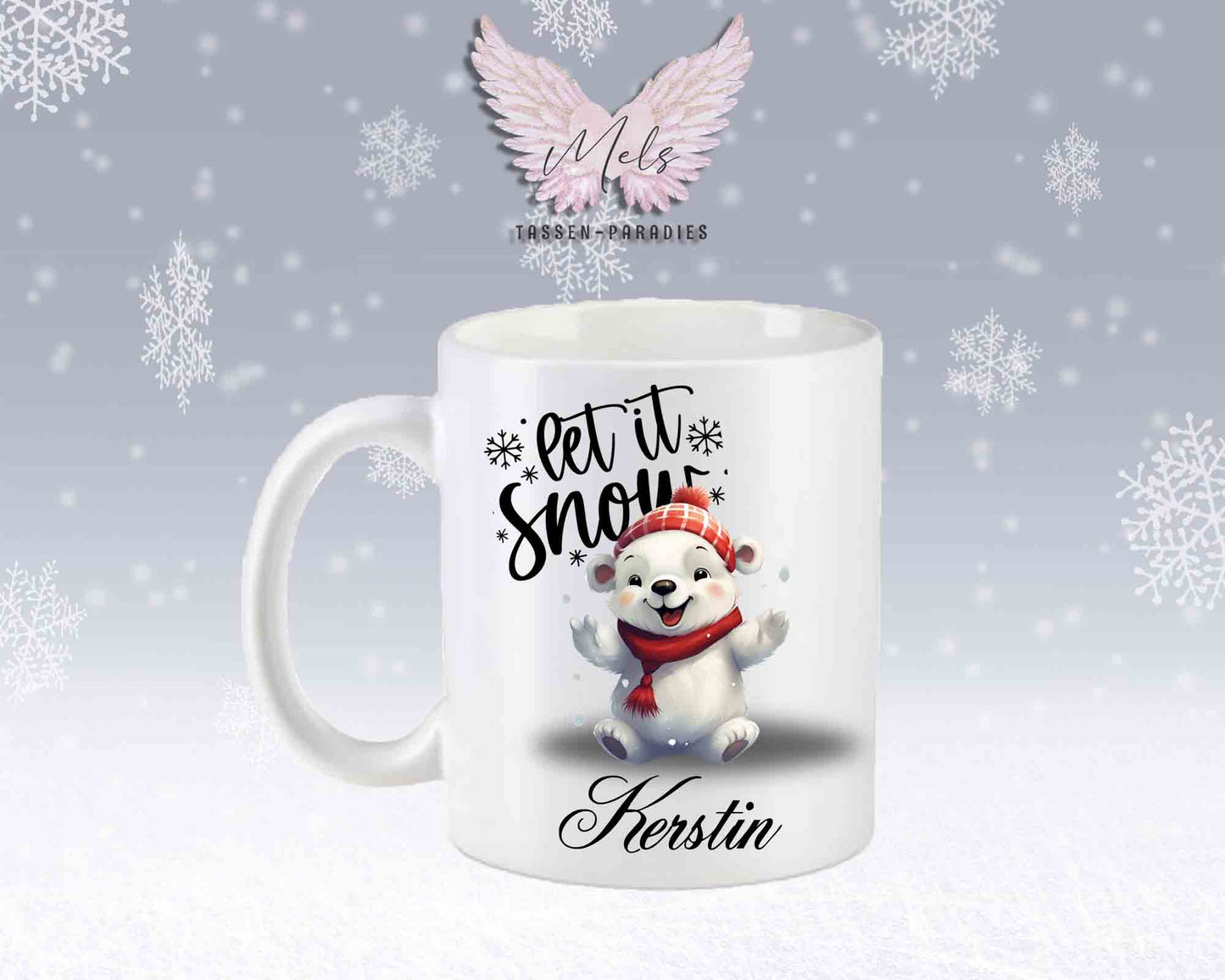 Schneemann-Tasse Let's Snow – mit oder ohne Wunschname