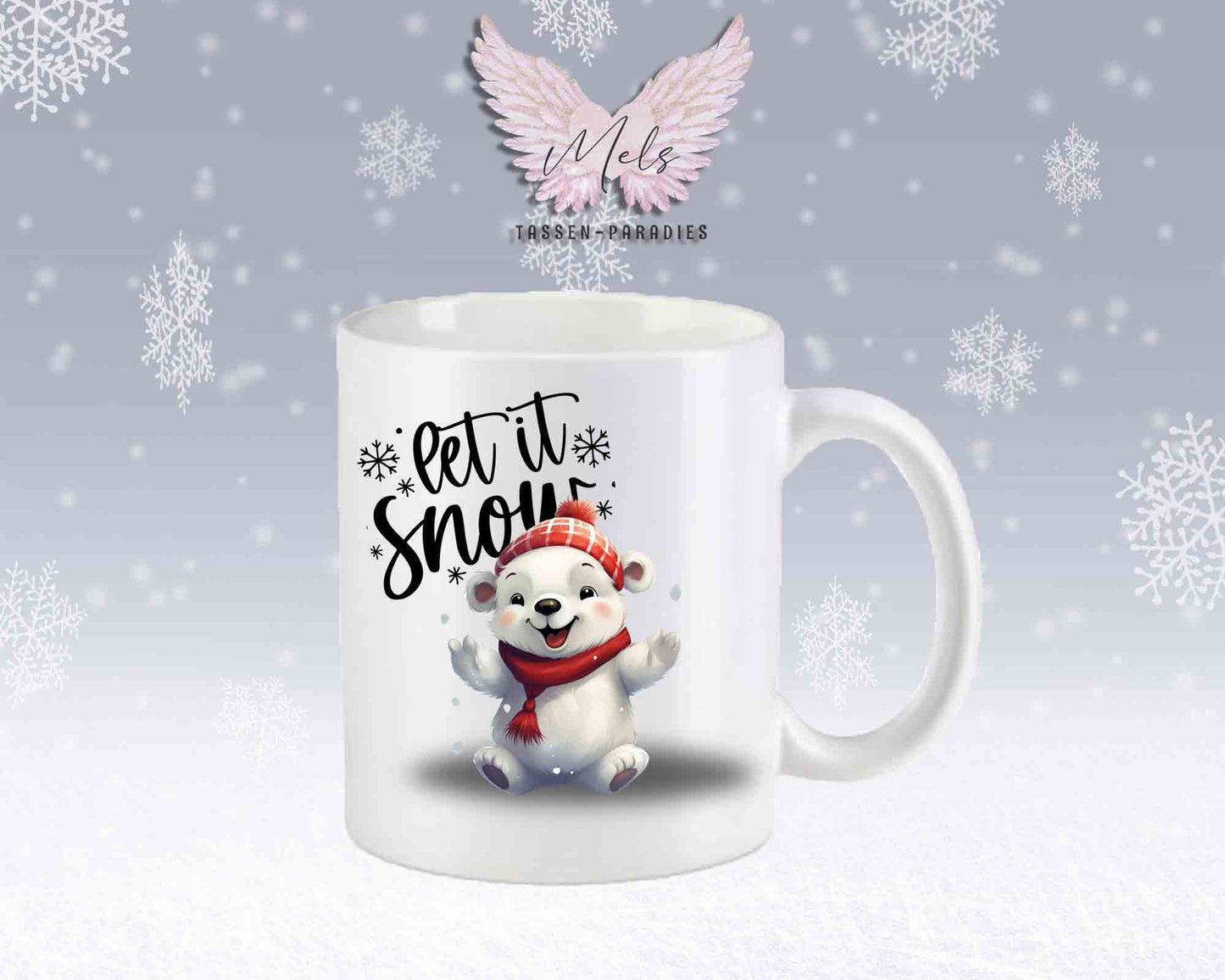 Schneemann-Tasse Let's Snow – mit oder ohne Wunschname