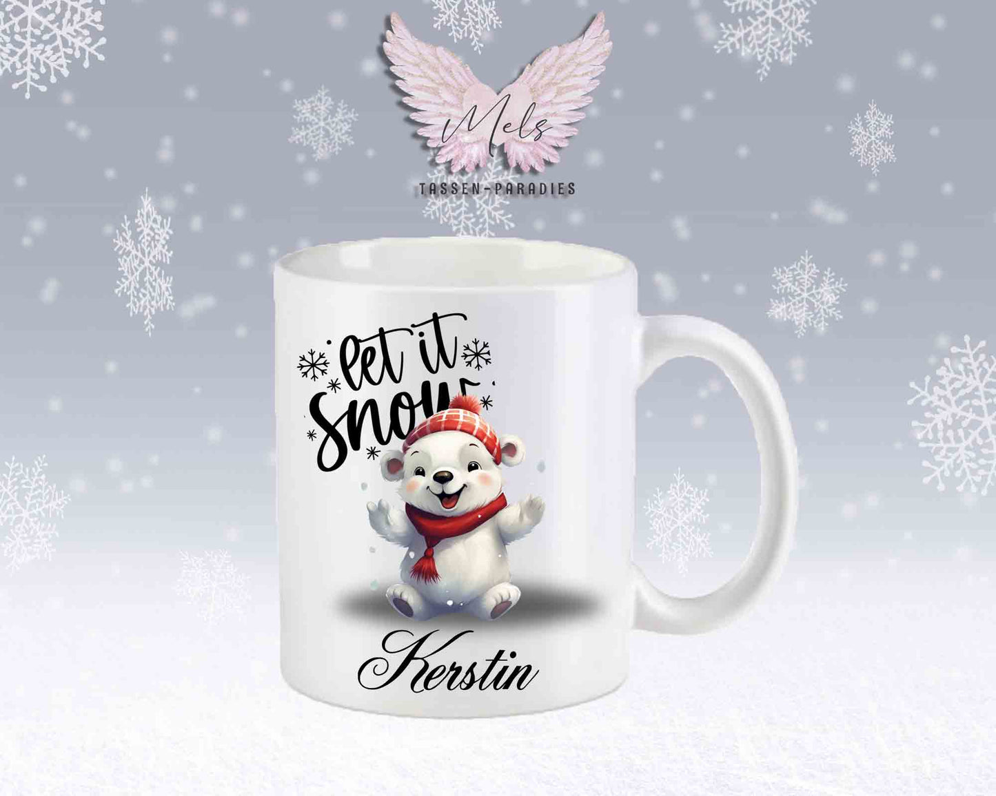 Schneemann-Tasse Let's Snow – mit oder ohne Wunschname