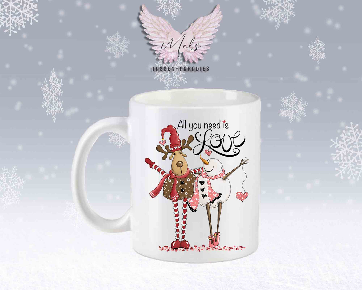 Tasse mit süßem Paar-Schneefrau und Hirsch – mit oder ohne Wunschname