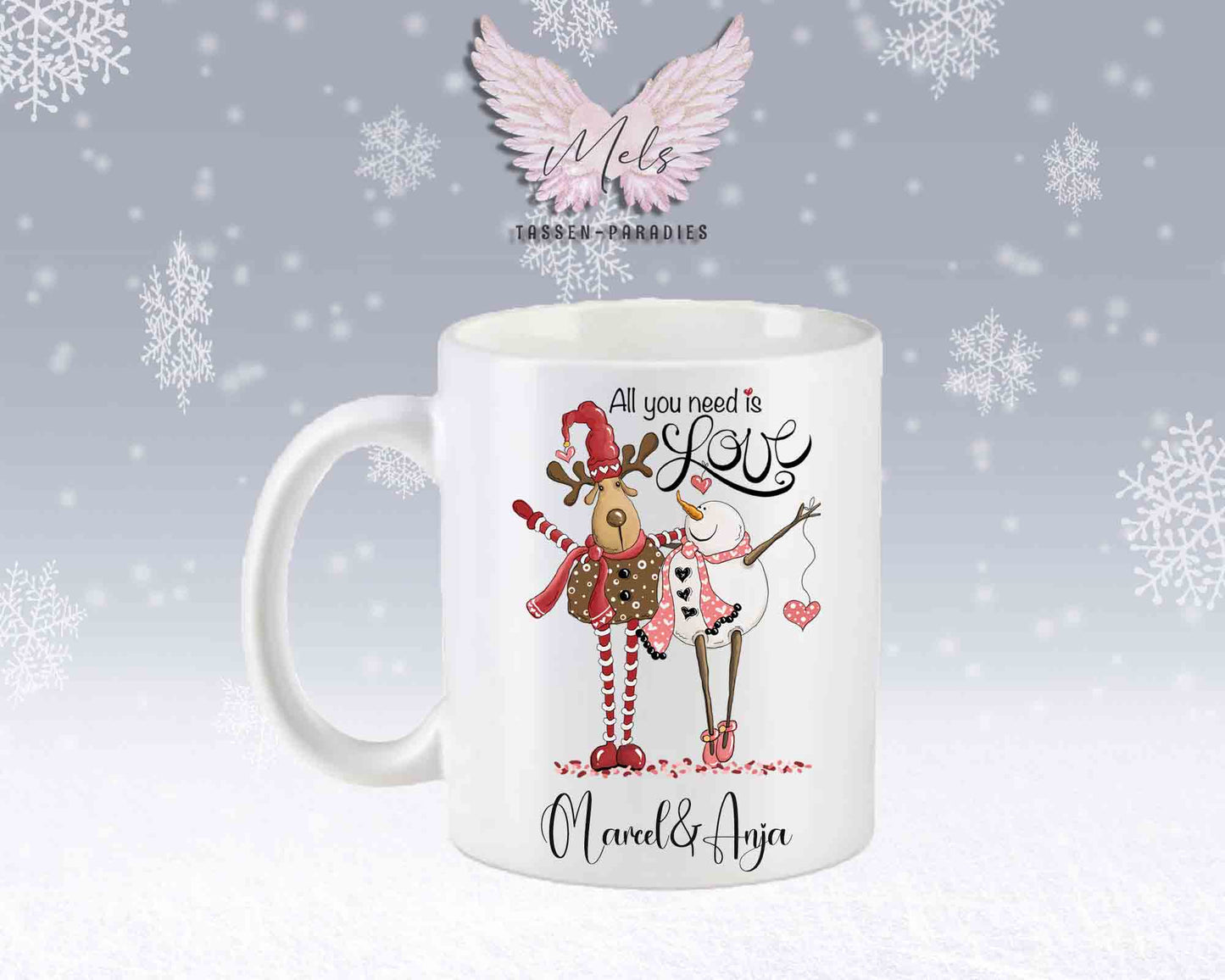 Tasse mit süßem Paar-Schneefrau und Hirsch – mit oder ohne Wunschname