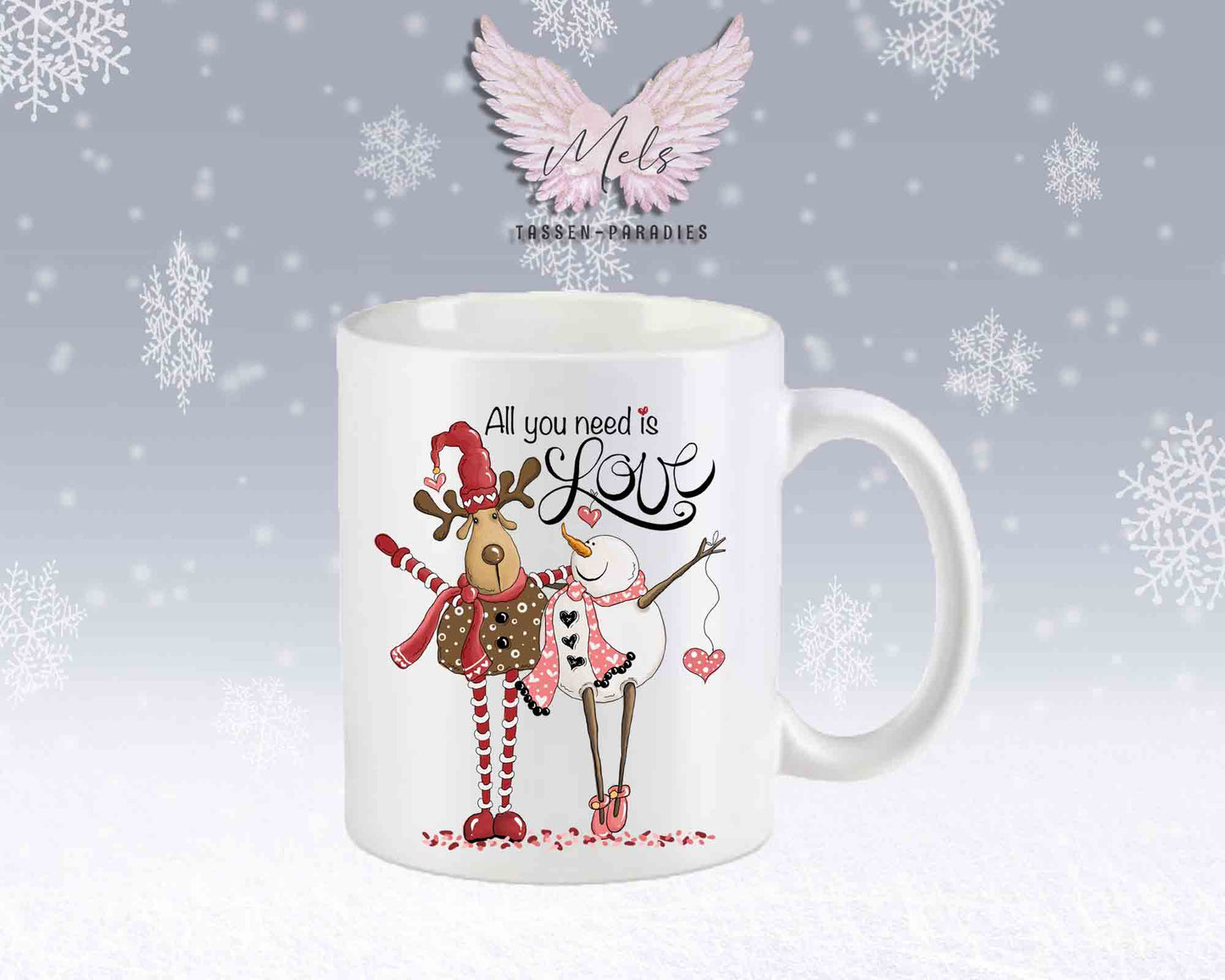 Tasse mit süßem Paar-Schneefrau und Hirsch – mit oder ohne Wunschname